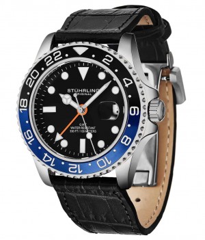 Aquadiver Stuhrling Meridian 3968L GMT Quartz 42mm Diver Hombre Negras Plateadas | 4839JRPWL