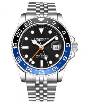 Aquadiver Stuhrling Meridian 3968 GMT Quartz 42mm Diver Hombre Negras Plateadas | 9471STOQX