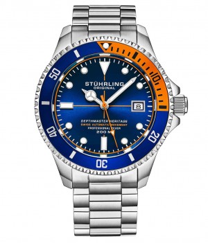 Aquadiver Stuhrling Swiss Automático Depthmaster Heritage 883H 42mm Diver Hombre Azules Plateadas | 5032TKMLB