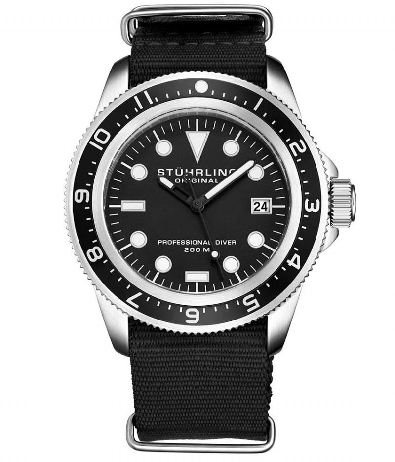 Aquadiver Stuhrling Cobia 966B Quartz 42mm Diver Hombre Negras Plateadas | 2391HGTDP