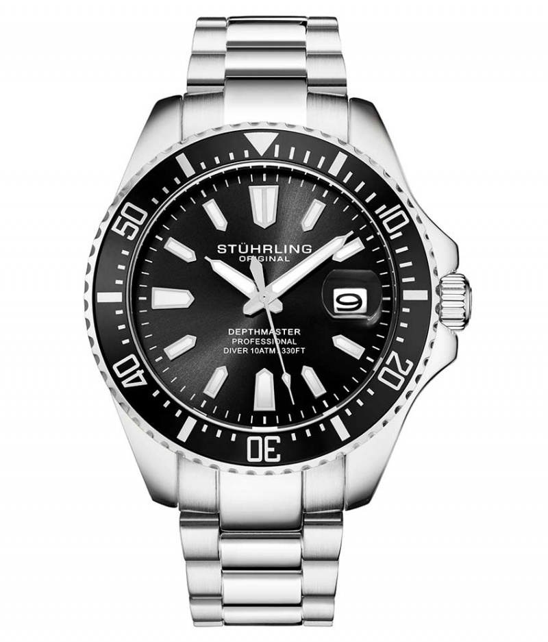 Aquadiver Stuhrling Depthmaster 3950A Quartz 42mm Diver Hombre Negras Plateadas | 8476RUDIH