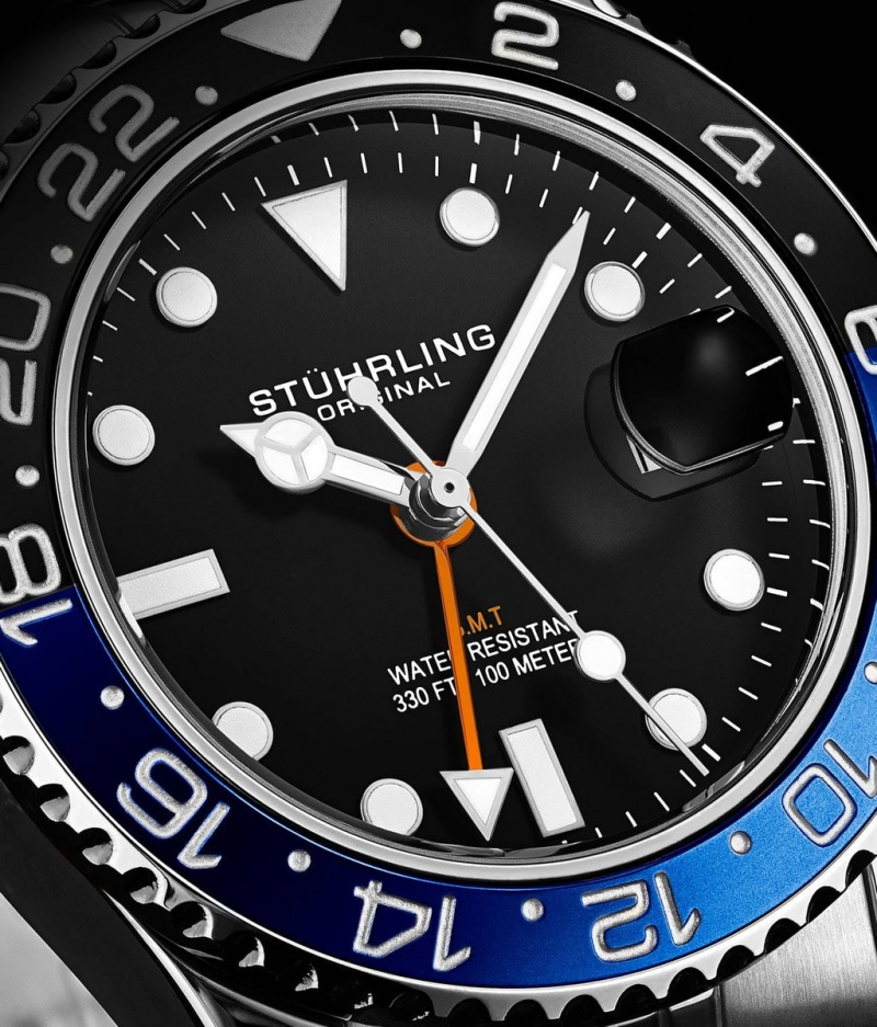 Aquadiver Stuhrling Meridian 3968L GMT Quartz 42mm Diver Hombre Negras Plateadas | 4839JRPWL