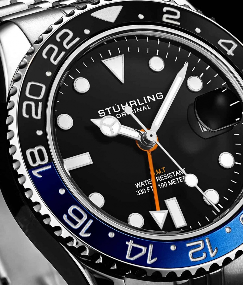 Aquadiver Stuhrling Meridian 3968 GMT Quartz 42mm Diver Hombre Negras Plateadas | 9471STOQX