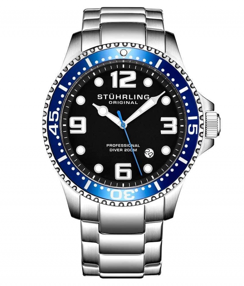 Aquadiver Stuhrling Regatta Champion XL 395XL Quartz 44mm Diver Hombre Negras Plateadas | 7860HUKFE