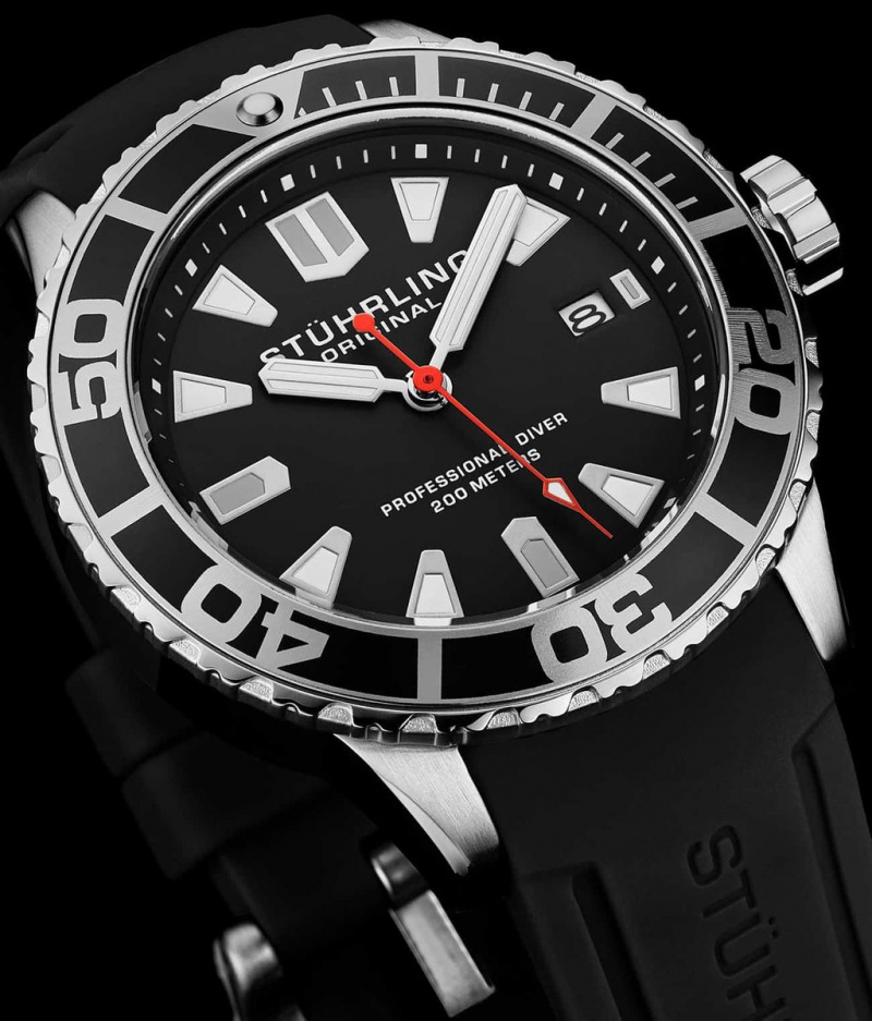 Aquadiver Stuhrling Sailtimer 708 Quartz 42mm Diver Hombre Negras Plateadas | 5137DLEUX