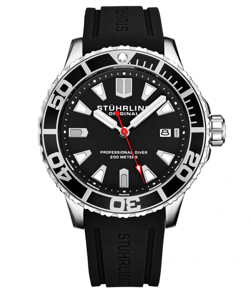 Aquadiver Stuhrling Sailtimer 708 Quartz 42mm Diver Hombre Negras Plateadas | 5137DLEUX