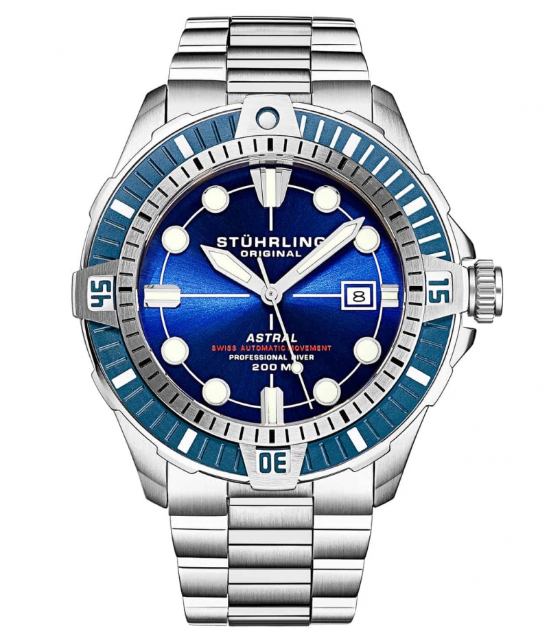 Aquadiver Stuhrling Swiss Automático Astral 1005 45mm Watch Hombre Azules Plateadas | 7120RODEI