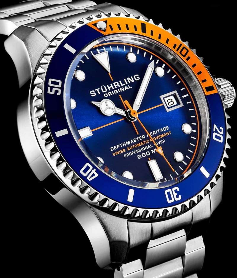 Aquadiver Stuhrling Swiss Automático Depthmaster Heritage 883H 42mm Diver Hombre Azules Plateadas | 5032TKMLB