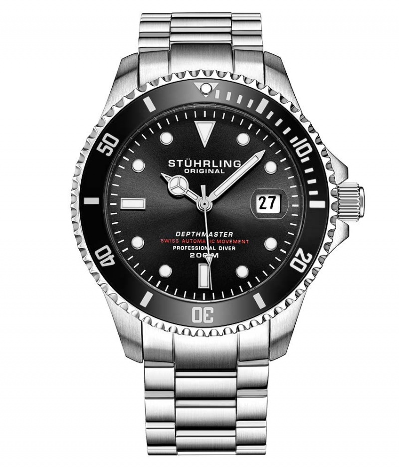 Aquadiver Stuhrling Swiss Automático Depthmaster 883 42mm Diver Hombre Negras Plateadas | 7194FBKAR