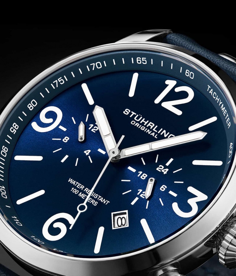 Aviator Stuhrling 3956 Quartz 45mm Hombre Azules Plateadas | 5318OGAIK