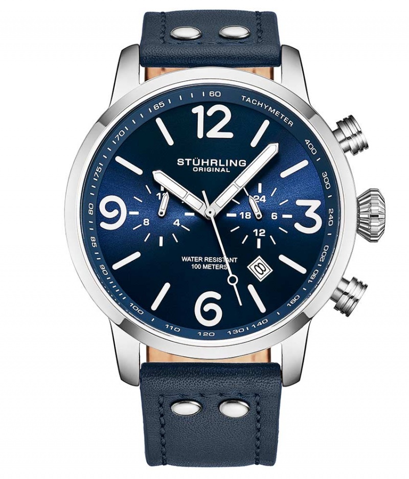 Aviator Stuhrling 3956 Quartz 45mm Hombre Azules Plateadas | 5318OGAIK