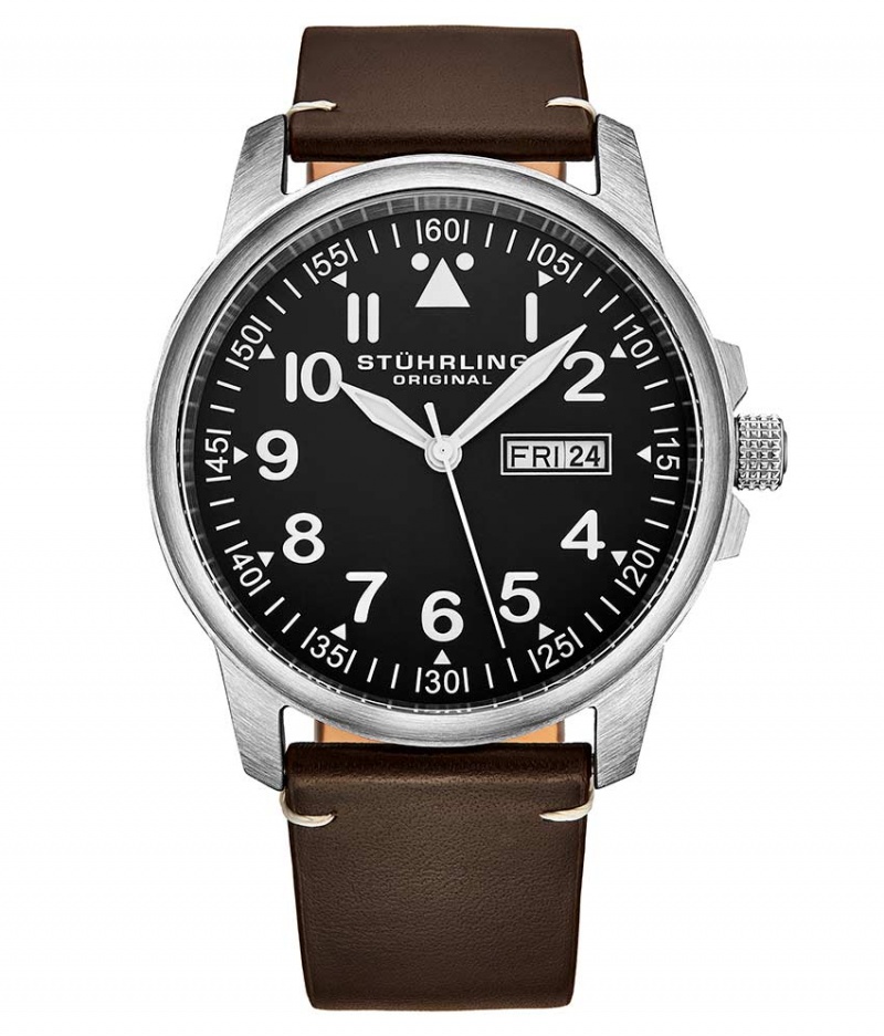 Aviator Stuhrling 850 Quartz 42mm Hombre Negras Plateadas | 9140SBEVO