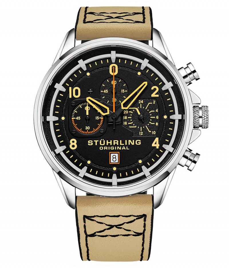 Aviator Stuhrling Volda 929 45mm Quartz Watch Hombre Negras Plateadas | 5830OPSMI