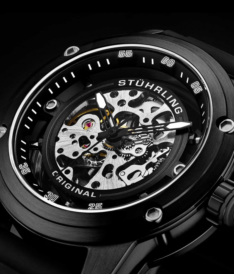 Legacy Stuhrling 989 Automático 50mm Skeleton Hombre Negras Negras | 4096HYLUM