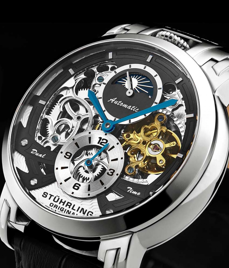 Legacy Stuhrling Menai 906 Automático 47mm Skeleton Hombre Negras Plateadas | 5792FXBLI