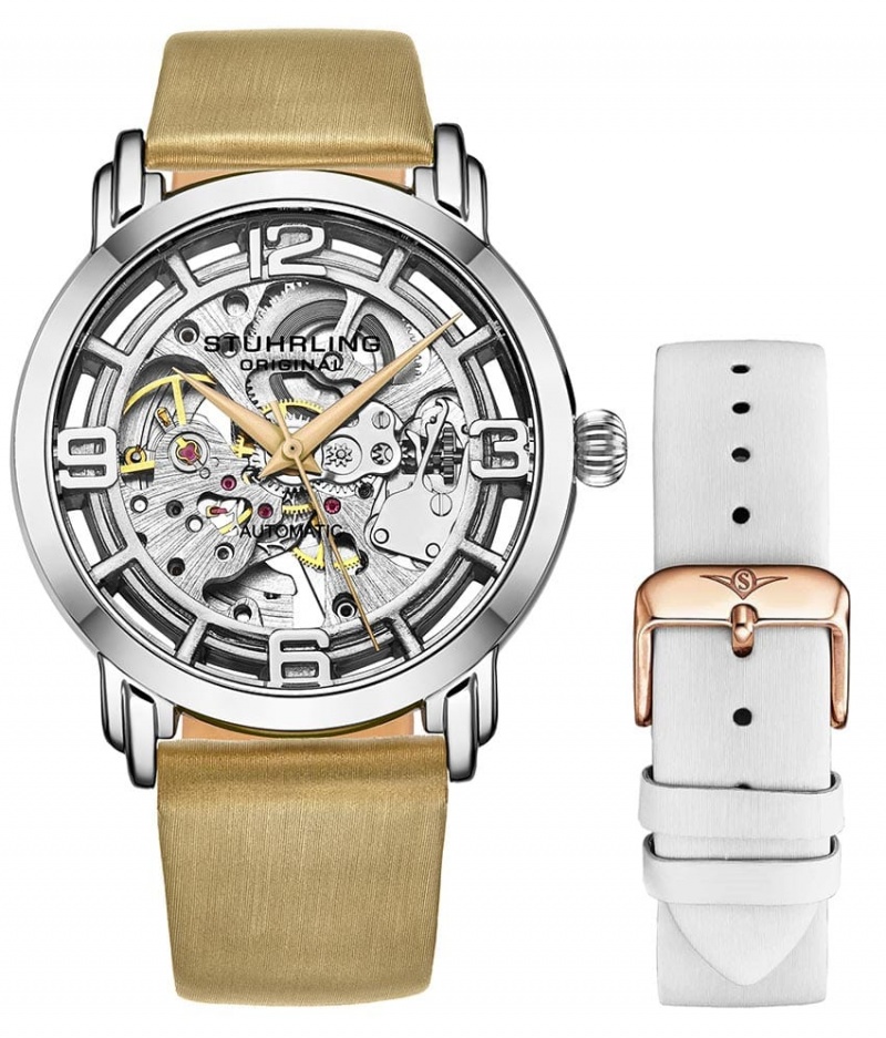 Legacy Stuhrling Winchester 3982 Automático 40mm Skeleton + White Cuero Correa Mujer Plateadas Plateadas | 5280RDXMF