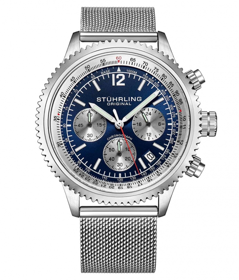 Monaco Stuhrling 4015 44mm Cronógrafo Hombre Azules Plateadas | 5324HNRPM