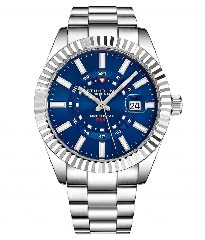 Symphony Stuhrling Northstar 892 GMT Quartz 42mm Classic Hombre Azules Plateadas | 3729NRDQB